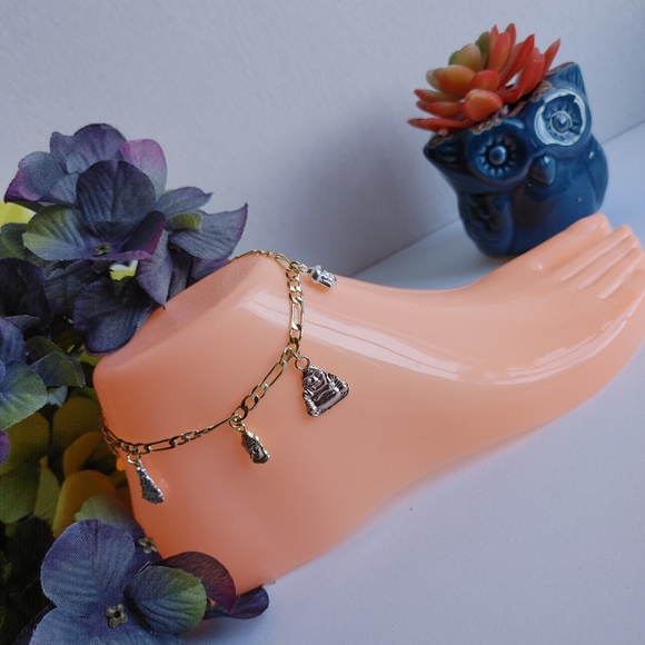 Tricolor Gold Filled Buddha Charm Ankle Bracelet - Picture 1 of 4